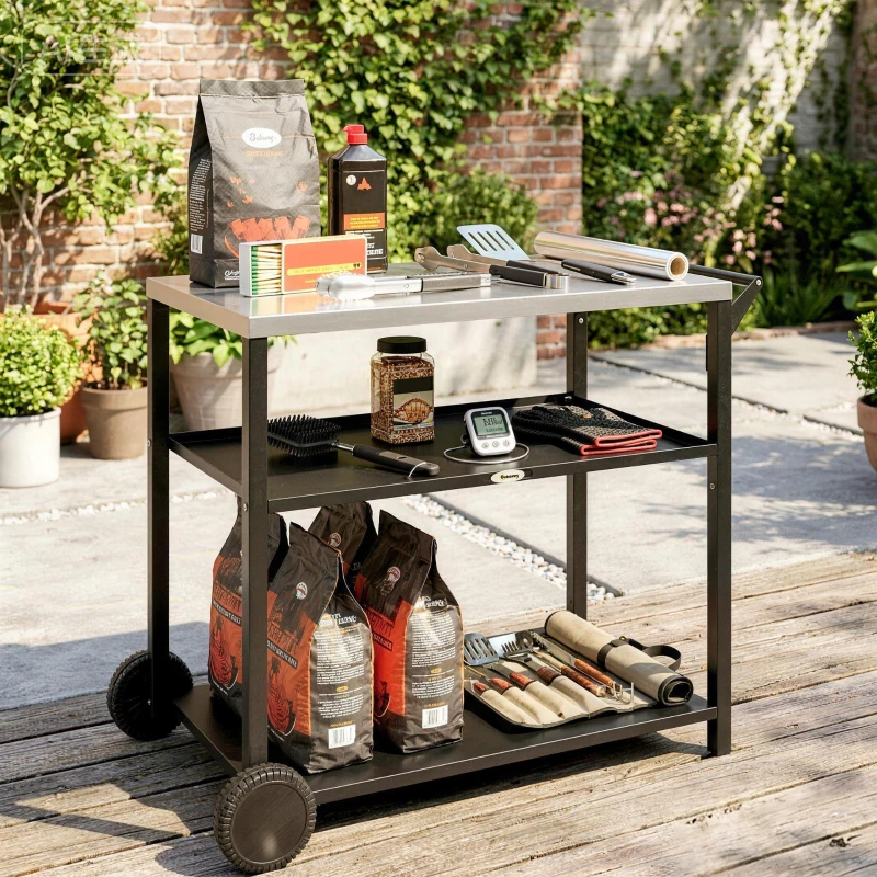 Outsunny Outdoor Grill Cart with Stainless Steel Top, Three-Tier Pizza Oven Stand, BBQ Cart on Wheels, Black