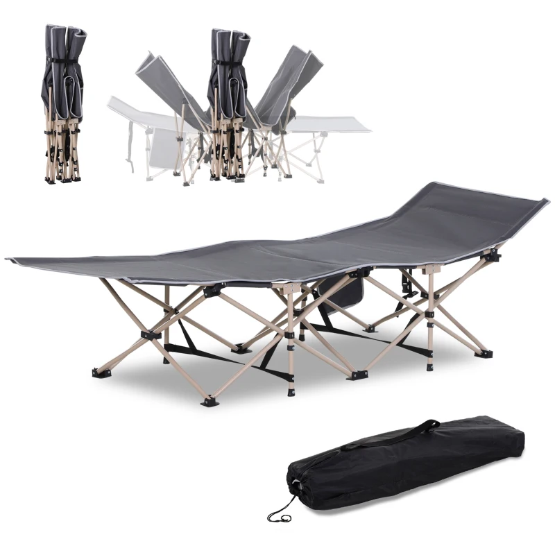 Outsunny Folding Camping Cots for Adults with Carry Bag, Side Pocket, Outdoor Portable Sleeping Bed, 330 lbs. Capacity, Gray