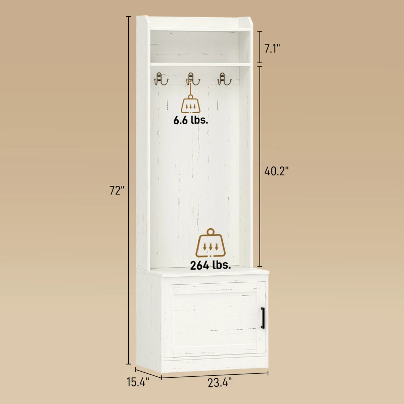 HOMCOM Narrow Hall Tree with Shoe Storage Bench, Rustic Entryway Bench with Coat Rack, Accent Coat Tree with Storage Shelves for Hallway, Mudroom, White Wood Grain