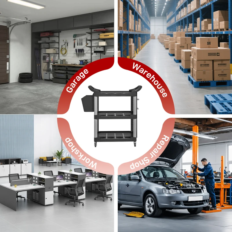 HOMCOM 3-Tier Rolling Tool Cart, 200 LBS Capacity Plastic Utility Cart with Side Shelf and Bucket, Black and Light Gray