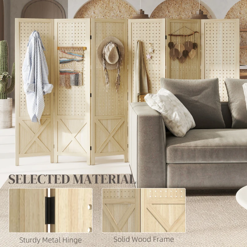 HOMCOM Wooden Room Divider with Pegboard Display, 6 Panel Folding Privacy Screen for Home Office, Natural Wood