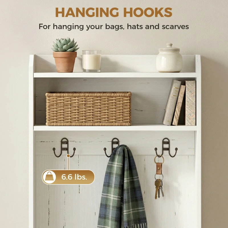 HOMCOM Narrow Hall Tree with Shoe Storage Bench, Rustic Entryway Bench with Coat Rack, Accent Coat Tree with Storage Shelves for Hallway, Mudroom, White Wood Grain
