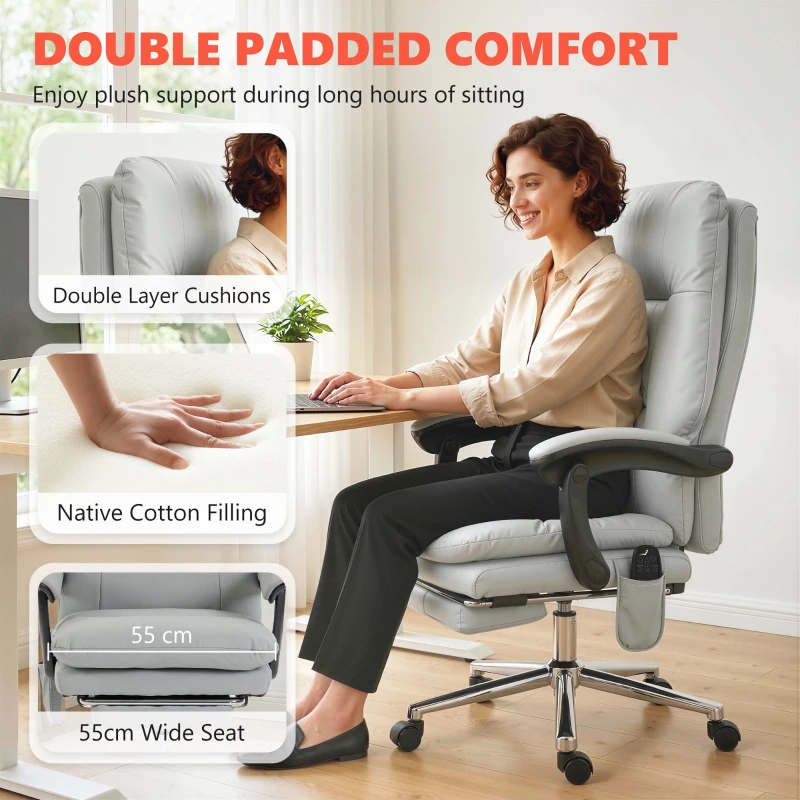 HOMCOM Massage Office Chair with 6-Point Vibration, Pet-Friendly Faux Leather Ergonomic Executive Desk Chair, Light Gray