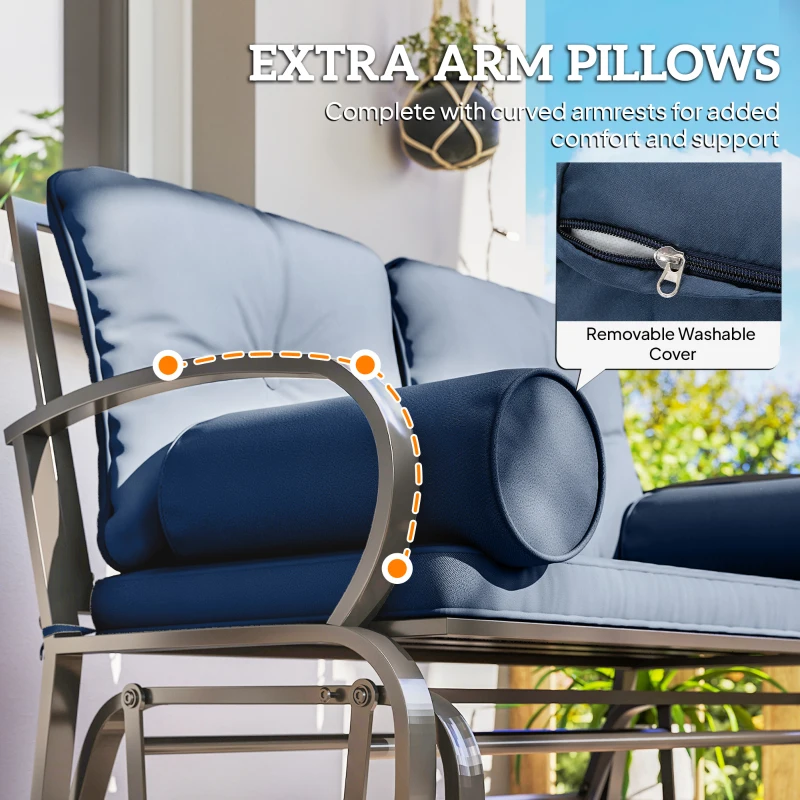 Outsunny Swing Glider Rocking Chair, Double Patio Bench, 2 Person Loveseat with Steel Frame, Cushions, Pillow Armrests, Blue