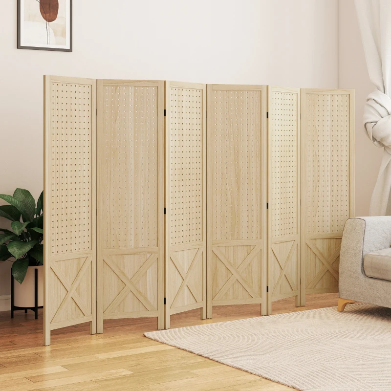 HOMCOM Wooden Room Divider with Pegboard Display, 6 Panel Folding Privacy Screen for Home Office, Natural Wood
