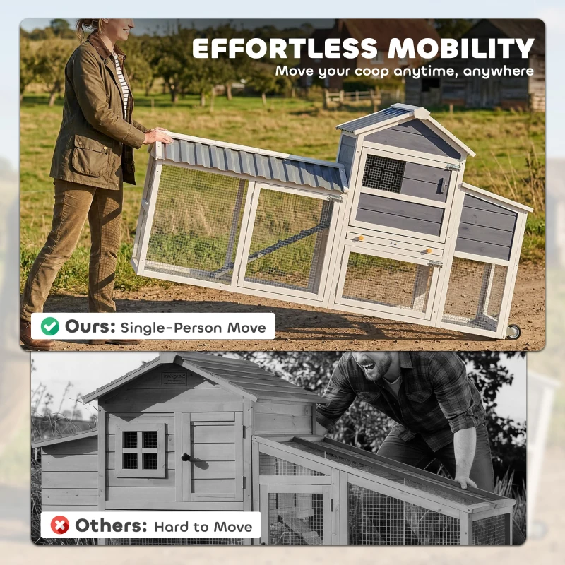 PawHut Chicken Coop with Wheels, 80" L Mobile Hen House with Run, Outdoor Wooden Chicken House with Nesting Box, Tray, Ramp