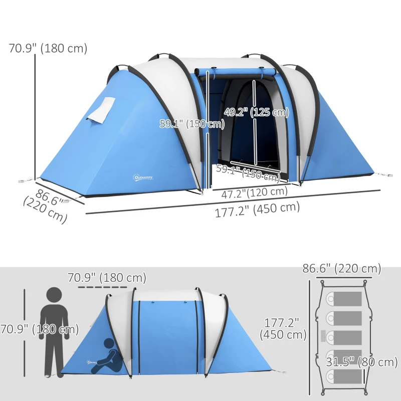 Outsunny Camping Tent with 2 Bedrooms and Living Area, 3000mm Waterproof Family Tent, for Fishing Hiking Festival, Blue