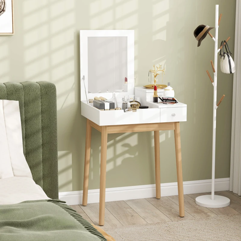 HOMCOM Makeup Vanity Table with Flip-up Mirror, Modern Dressing Table with 2 Drawers for Bedroom, White