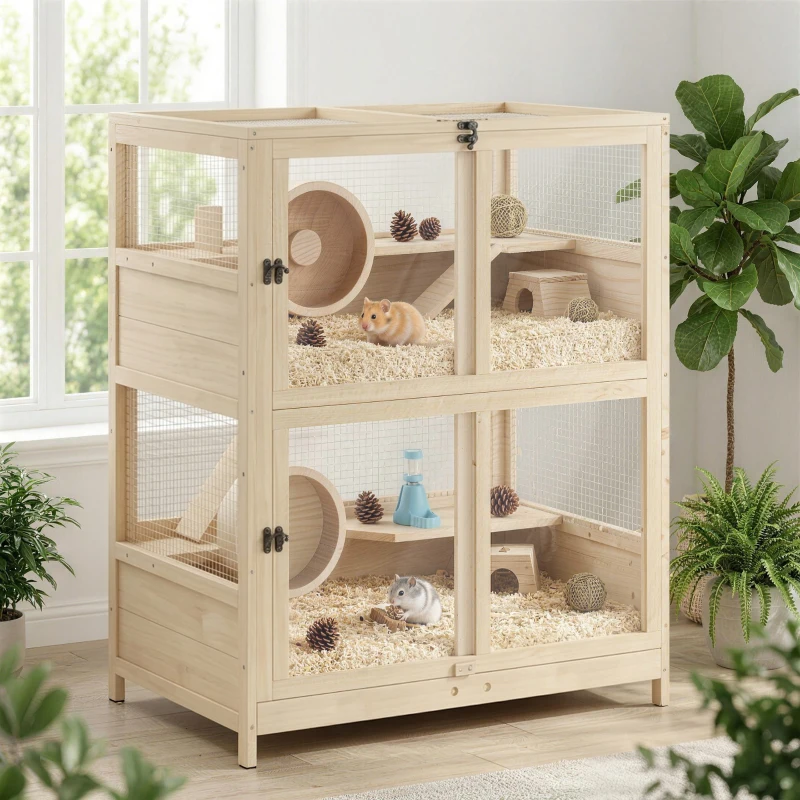 PawHut Wooden Hamster Cage, 4 Tier Small Animal Cage with Mesh Flip Roof, Pull-Out Tray, Huts, Seesaws, Ramps and Water Bottles