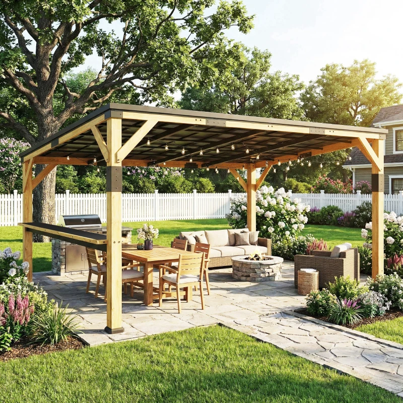 Outsunny 10' x 14' Wooden Gazebo, Hardtop Lean-to Gazebo Pergola with Galvanized Steel Sloped Roof, Bar Shelf, Natural Wood