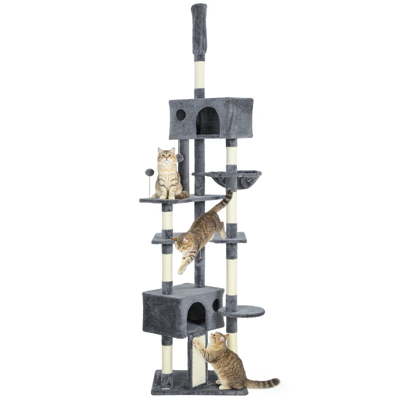 PawHut 91"-98" Floor to Ceiling Cat Tree with 2 Condos, Hammock and Sisal Scratching Posts, for Indoor, Dark Grey