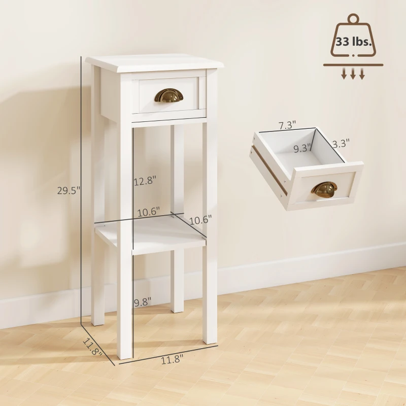 HOMCOM 2-Tier Side Tables Set of 2 with Drawer and Shelf, 2 Pieces End Tables for Living Room and Hallway, White
