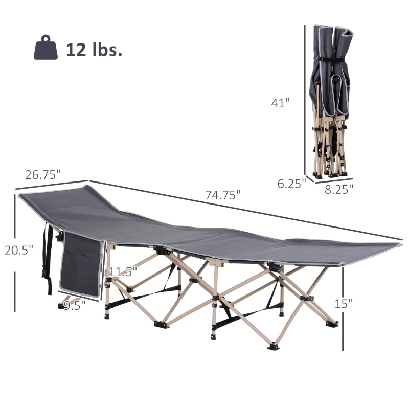 Outsunny Folding Camping Cots for Adults with Carry Bag, Side Pocket, Outdoor Portable Sleeping Bed, 330 lbs. Capacity, Gray