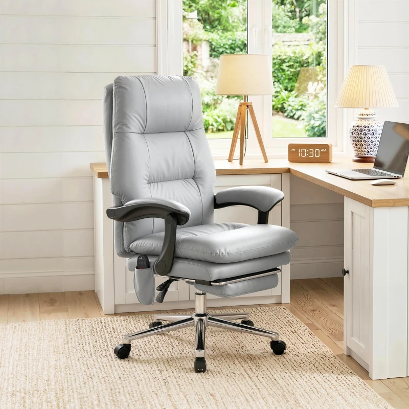 HOMCOM Massage Office Chair with 6-Point Vibration, Pet-Friendly Faux Leather Ergonomic Executive Desk Chair, Light Gray
