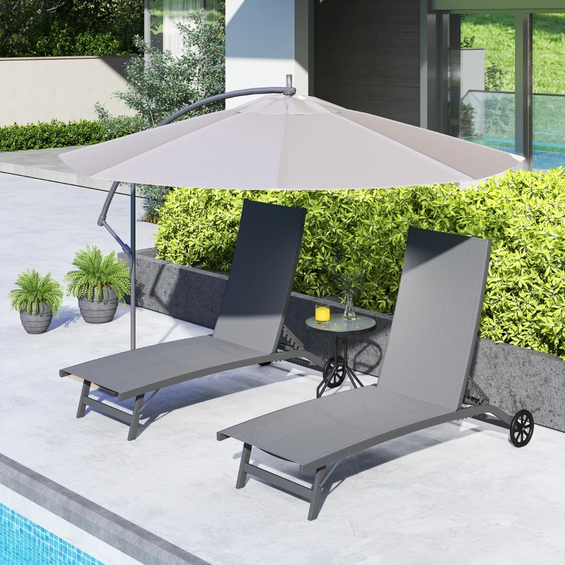 Outsunny Outdoor Lounge Chair Set of 2, Tanning Chair with Wheels, Breathable Mesh for Patio, Backyard, Poolside, Dark Grey