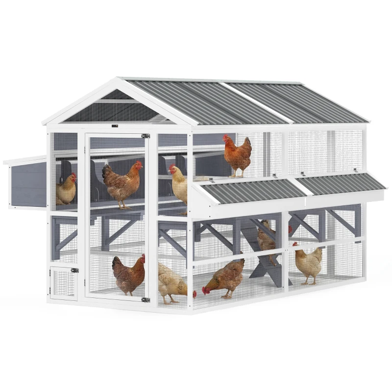 PawHut Wooden Chicken Coop, Outdoor Hen House with 2 Feeders, 2 Nesting Boxes, 2 Roosting Bars, Ramps, Waterproof Roof