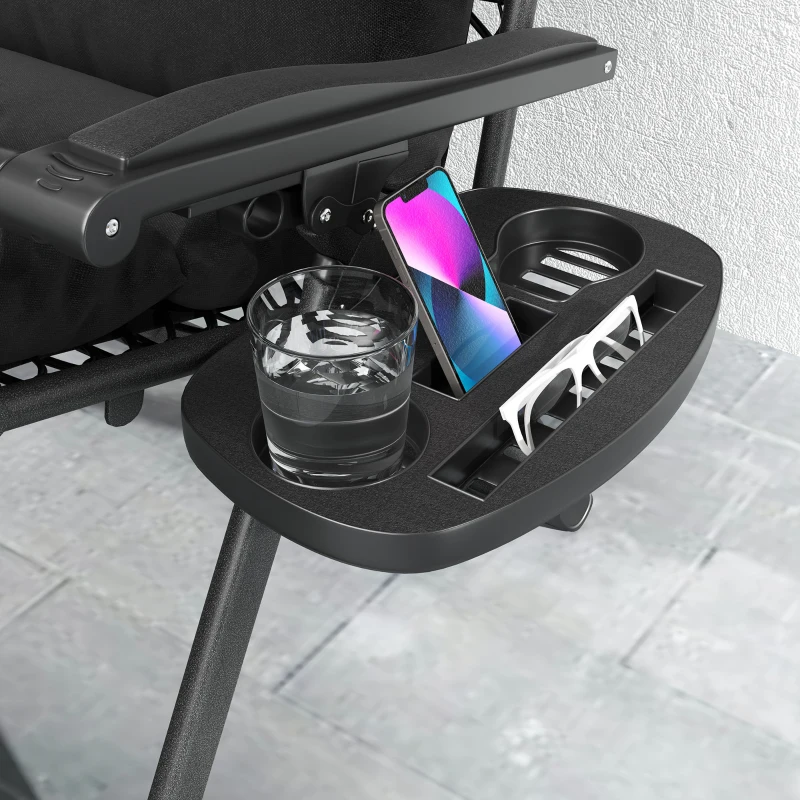 Outsunny Zero Gravity Lounge Chair Set, 2 Pieces Reclining Folding Outdoor Lounge Chairs with Cushion, Headrest, Side Tray, Black