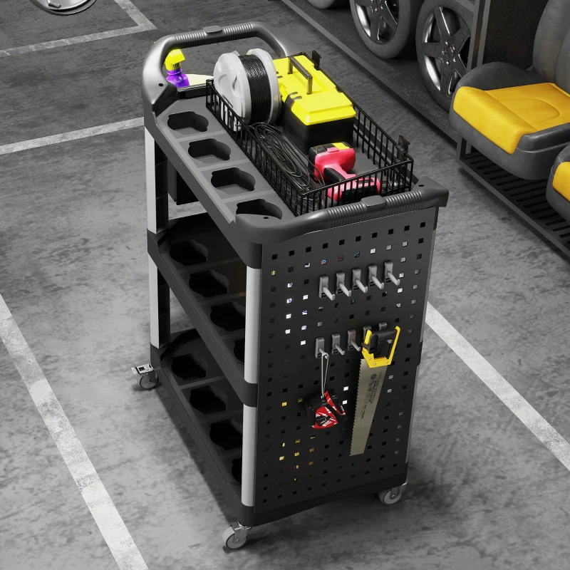 HOMCOM 3-Tier Rolling Tool Cart, 200 LBS Capacity Plastic Utility Cart with Side Shelf and Bucket, Black and Light Gray