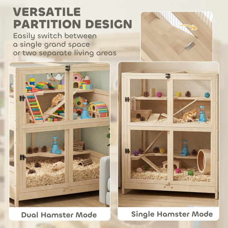 PawHut Wooden Hamster Cage, 4 Tier Small Animal Cage with Mesh Flip Roof, Pull-Out Tray, Huts, Seesaws, Ramps and Water Bottles