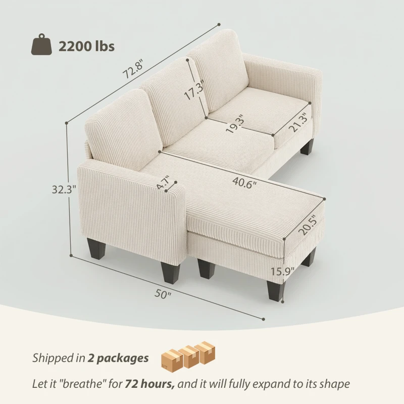 HOMCOM Sectional Sofa, L Shaped Couch, with Reversible Chaise or Ottoman, Cream White