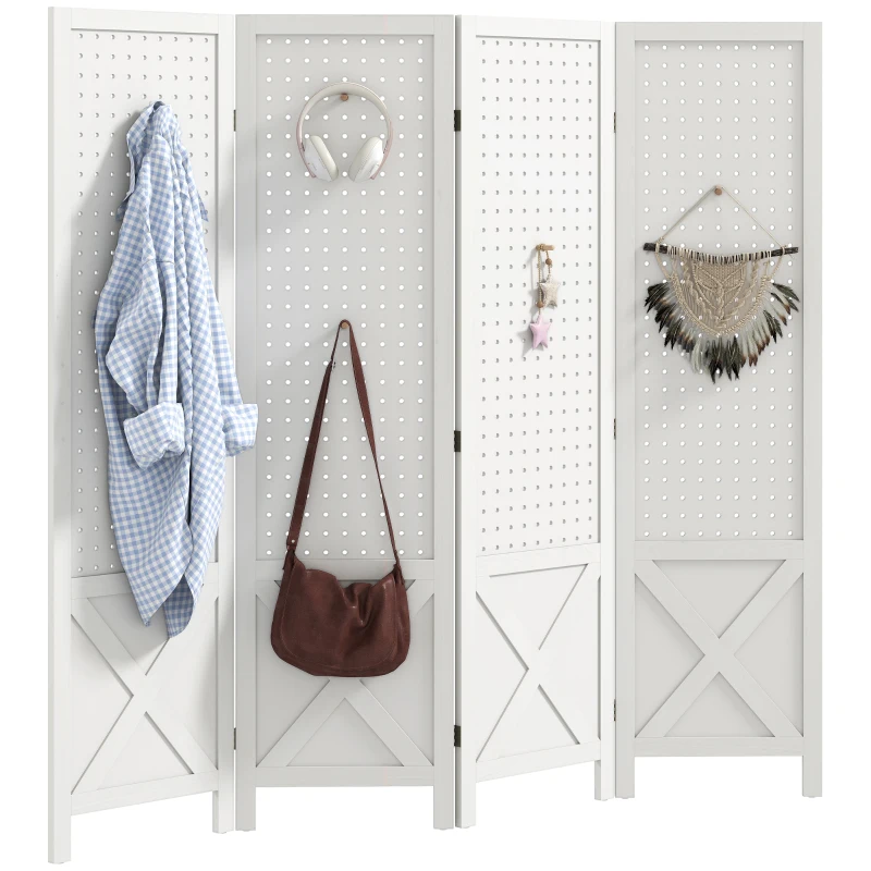HOMCOM 56.9" 4 Panel Wooden Room Divider with Pegboard Display, Folding Privacy Screen for Home Office, White