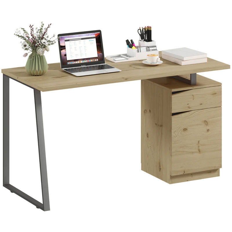HOMCOM 53 Inch Computer Desk, Writing Table with Cabinet, Drawer, Adjustable Shelf for Home Office Study, Natural Wood