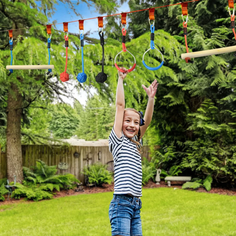 Outsunny Ninja Slackline Set, 30-Piece, 10m Rope with Obstacles, Climbing Frame, Playset Equipment for Children Aged 3-6