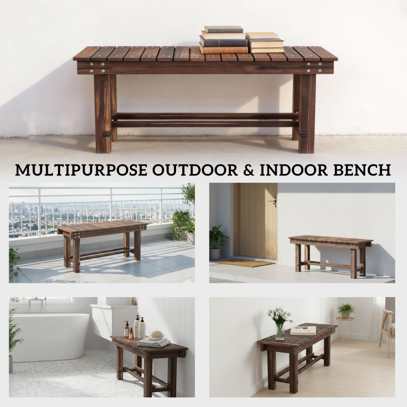 Outsunny Garden Bench 0.8" Seater Outdoor Bench with Storage Shelf 35.4" Carbonized Wood