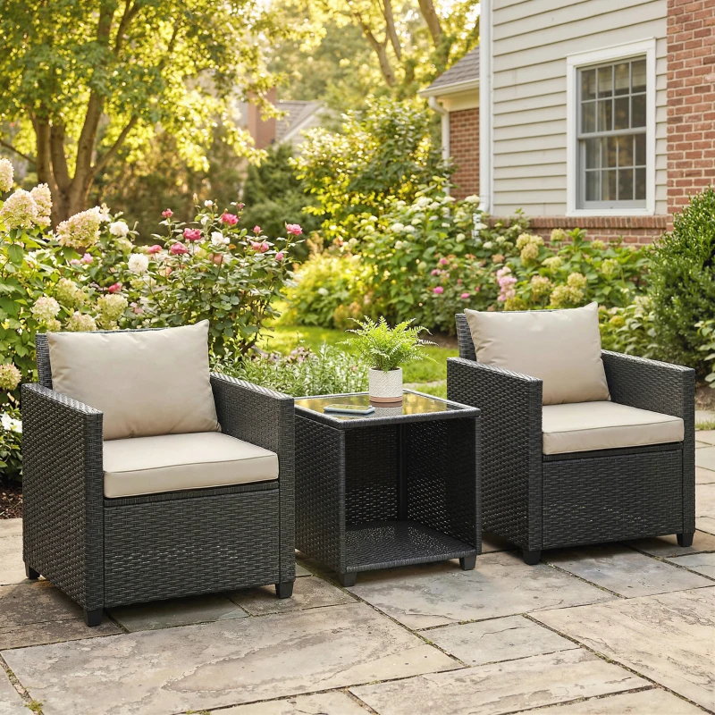 Outsunny 3 Piece Patio Bistro Set, Wicker Furniture Set with Thick Cushions, Glass Coffee Table and Chairs for Garden, Beige