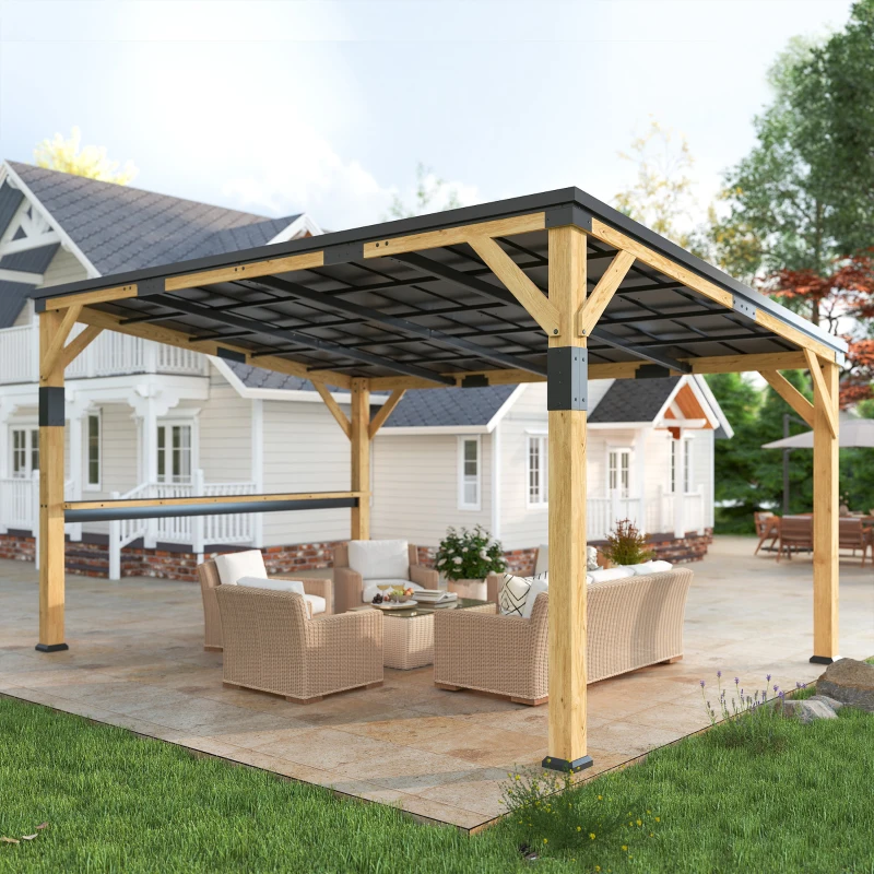 Outsunny 10' x 14' Wooden Gazebo, Hardtop Lean-to Gazebo Pergola with Galvanized Steel Sloped Roof, Bar Shelf, Natural Wood