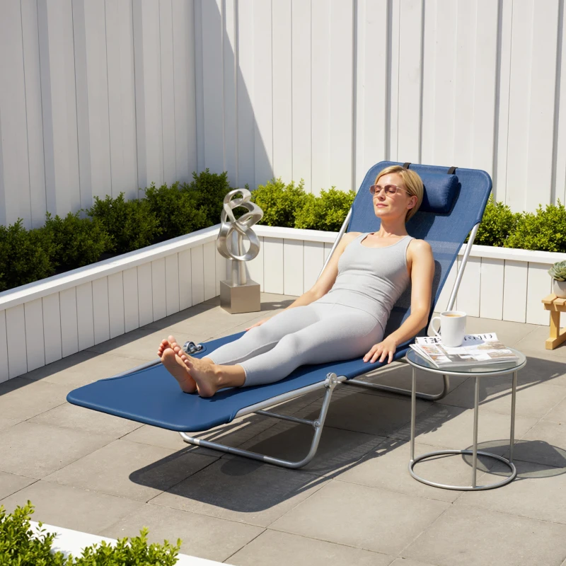 Outsunny Folding Chaise Lounge Chair, Pool Sun Tanning Chair, Outdoor Lounge Chair with Reclining Back, Breathable Mesh Seat, Headrest for Beach, Yard, Patio, Dark Blue