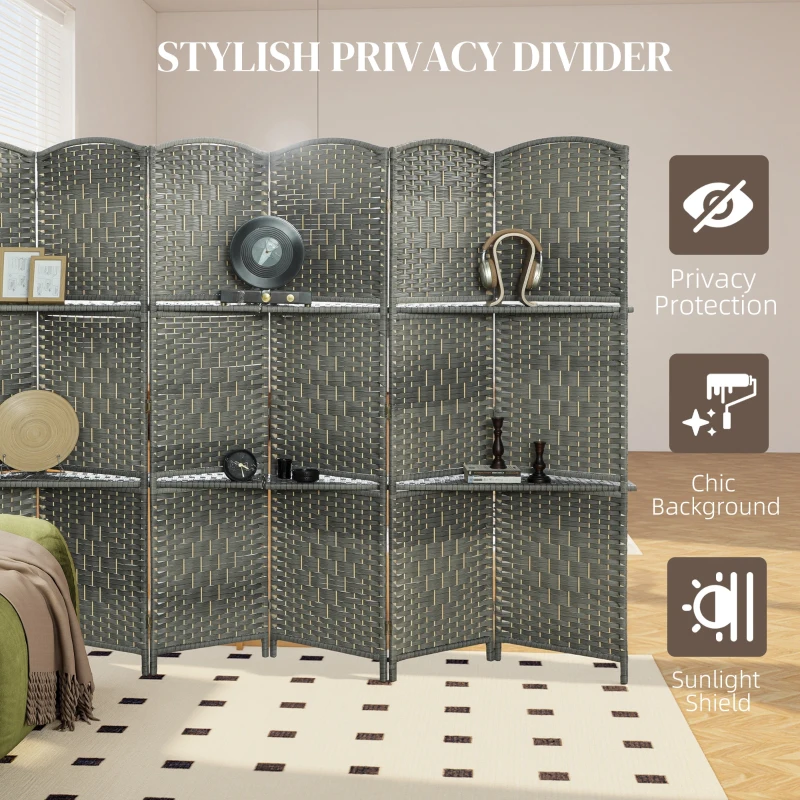 HOMCOM 6 FT Privacy Screen, 6 Panel Room Divider with Shelves for Living Room Bedroom Home Office, Grey