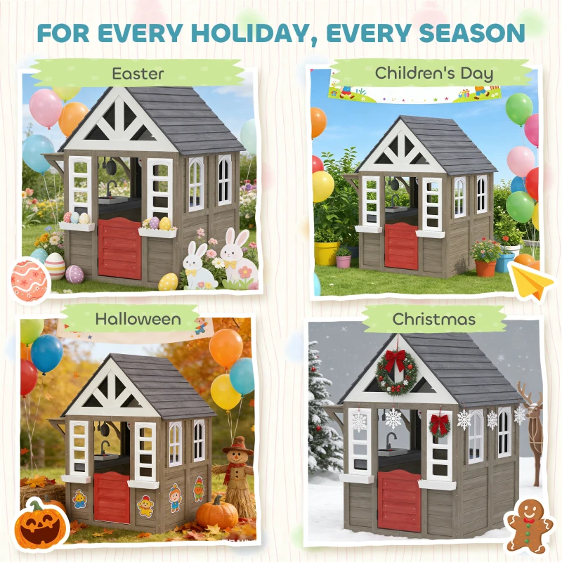 Qaba Outdoor Playhouse, Wooden Kids Playhouse with Dog Door, Flower Box, Cookware & Window for Garden Ages 2+, Gray