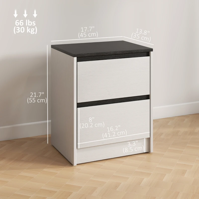 HOMCOM Nightstands Set of 2, Modern Bedside Tables with 2 Drawers, End Side Tables for Bedroom, White