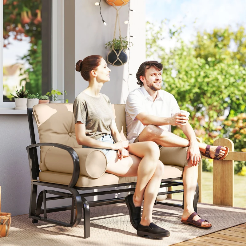 Outsunny Swing Glider Rocking Chair, Double Patio Bench, 2 Person Loveseat with Steel Frame, Cushions, Pillow Armrests, Khaki