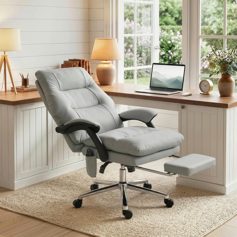 HOMCOM Massage Office Chair with 6-Point Vibration, Pet-Friendly Faux Leather Ergonomic Executive Desk Chair, Light Gray