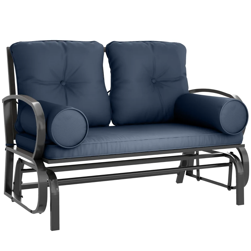 Outsunny Swing Glider Rocking Chair, Double Patio Bench, 2 Person Loveseat with Steel Frame, Cushions, Pillow Armrests, Blue
