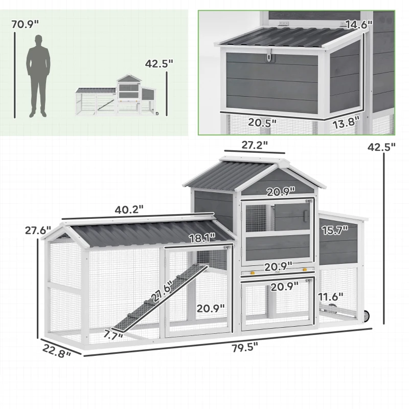 PawHut Chicken Coop with Wheels, 80" L Mobile Hen House with Run, Outdoor Wooden Chicken House with Nesting Box, Tray, Ramp