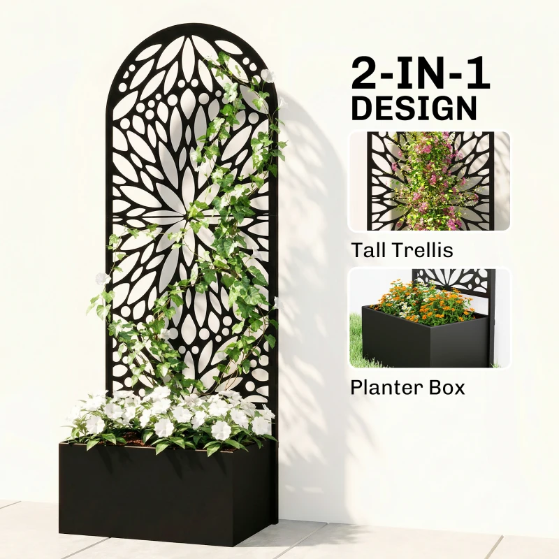 Outsunny Metal Raised Garden Bed with Trellis for Climbing Plants, Freestanding or Wall Mounted Flower Bed with Privacy Panel