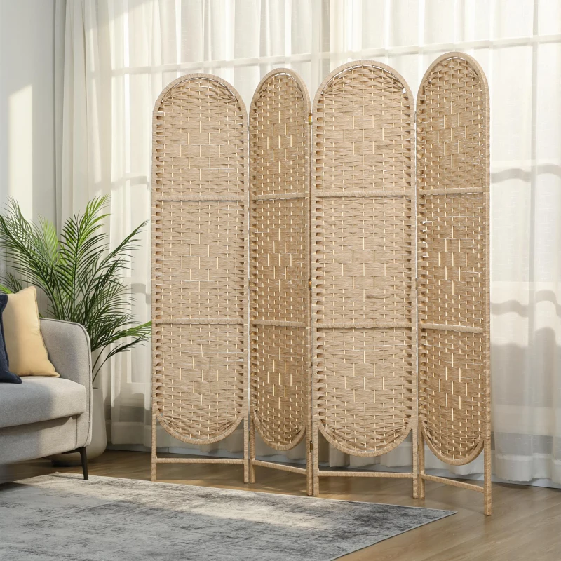 HOMCOM Bohemian Privacy Screen, Folding Room Divider with 4 Panels and Arched Top for Bedroom Living Room Office, Natural Wood