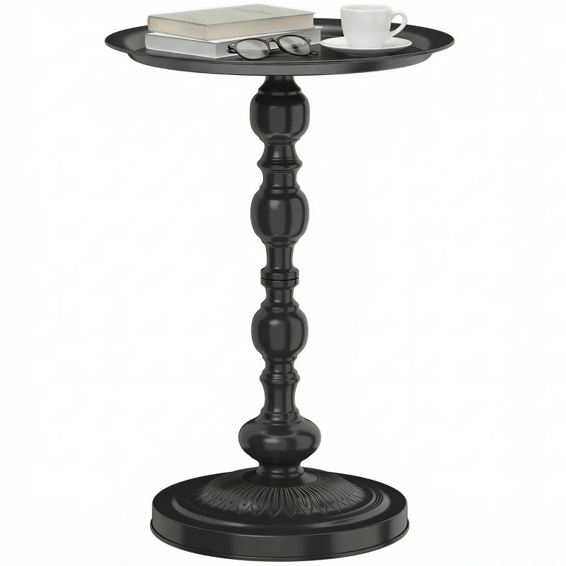 Outsunny 15.4" Round Outdoor Side Table, Tray Top Metal Patio Table with Retro Column Base for Indoor, Balcony, Garden, Black