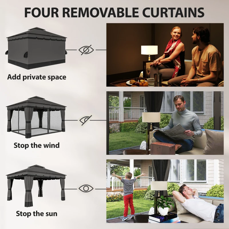 Outsunny 10' x 12' Double Roof Patio Gazebo Canopy, Outdoor Gazebo Shelter with Netting & Curtains, for Garden, Lawn and Deck