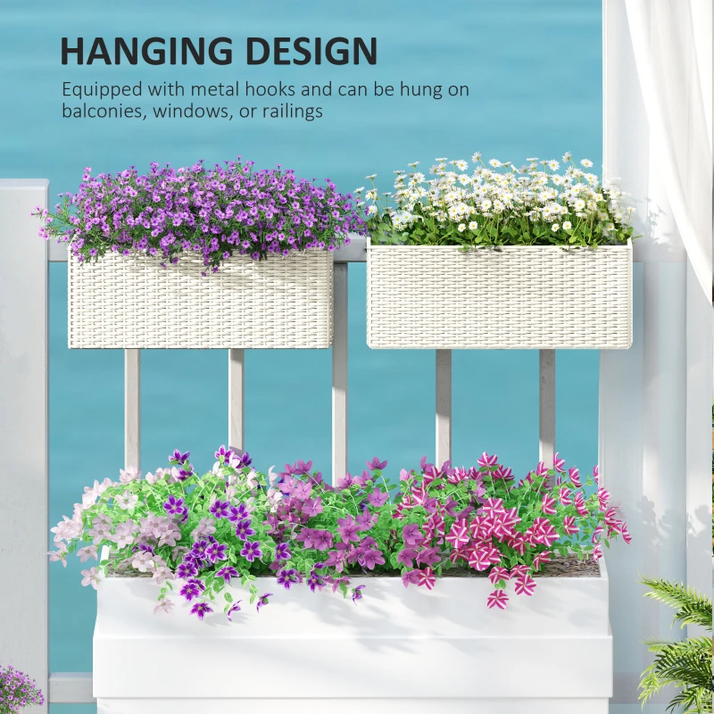 Outsunny 2 Pack 20 Inch Hanging Flower Pots, Railing Planter Box for Fence, Garden, Rattan Look, White