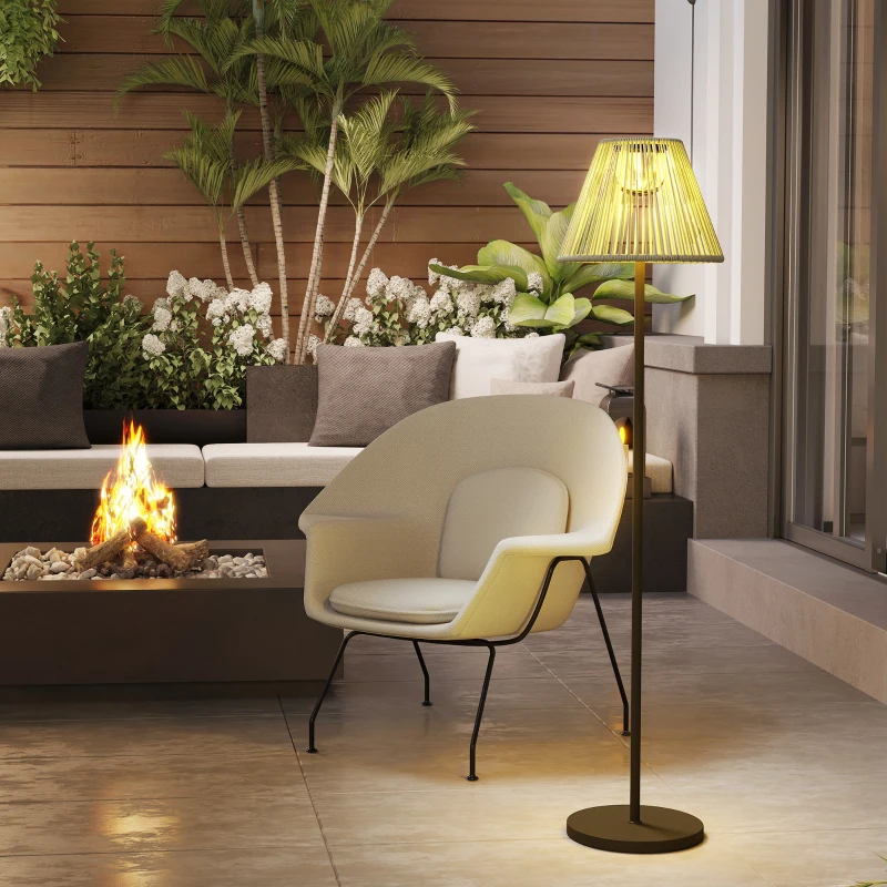 Outsunny Wicker Outdoor Floor Lamp, Cordless Solar Lantern with Auto On/Off LED Lights, IP44 for Patio, Porch, Pathway, Grey