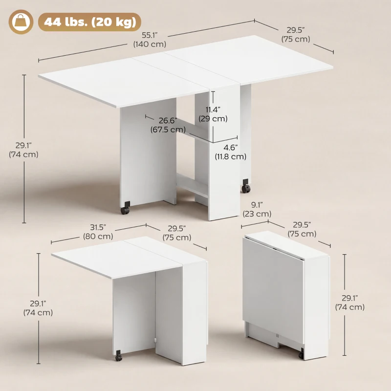 HOMCOM Extendable Dining Table, Collapsible Folding Table w/ 2-tier Shelves and Rolling Casters, White