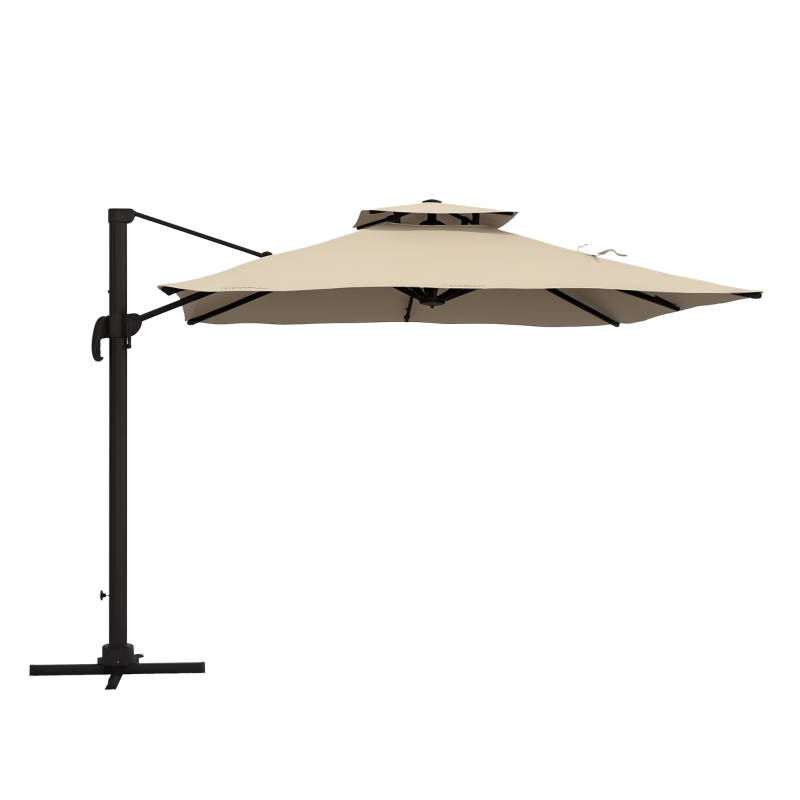Outsunny 10ft Square Cantilever Patio Umbrella, 360° Rotating Overhanging Umbrella with Cross Base, Crank Handle, Khaki