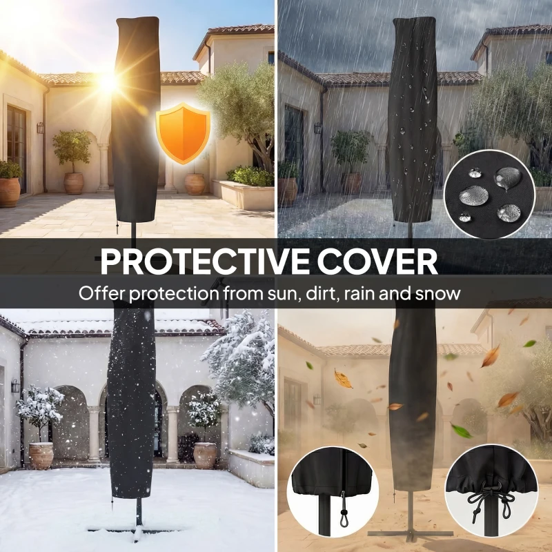 Outsunny 11.3 ft Cantilever Patio Umbrella with Light, Cover, Aluminium UPF50+ Offset Outdoor Umbrella Parasol, Khaki