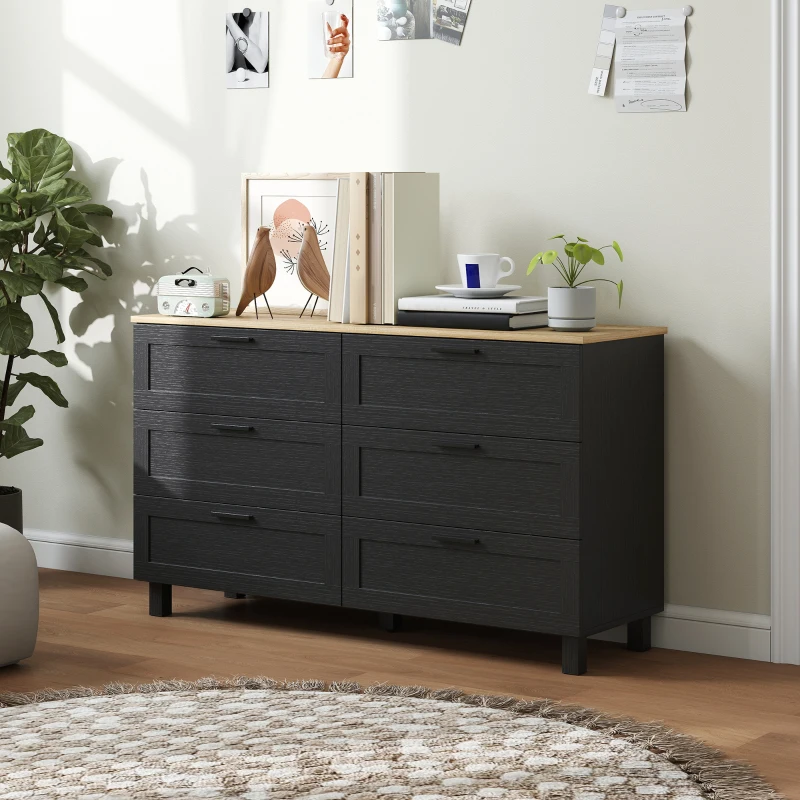 HOMCOM 47" Wide Chest of Drawers, Modern Dresser with 6 Drawers and Wood Legs for Bedroom, Living Room, Entryway, Black