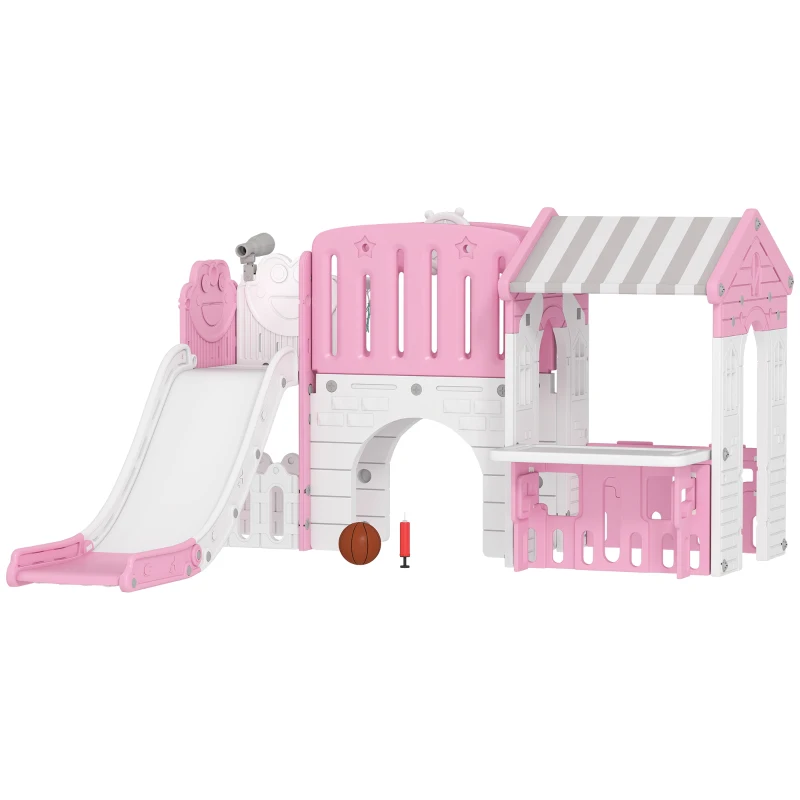 Qaba 7-in-1 Toddler Slide, Kids Slide Climber Playset with Playhouse and Basketball Hoop for 1-4 Years, Pink