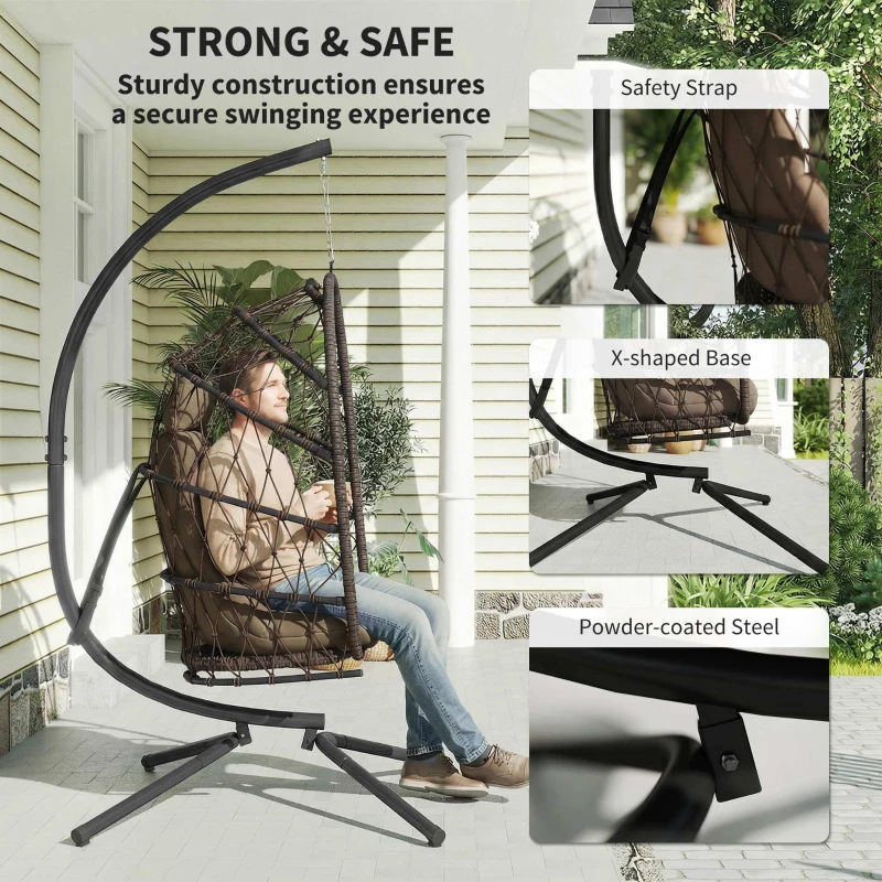Outsunny Hanging Egg Chair with Stand, Foldable Wicker Rattan Swing Chair with Thick Cushion, Dust Cover and Safety Rope, Brown